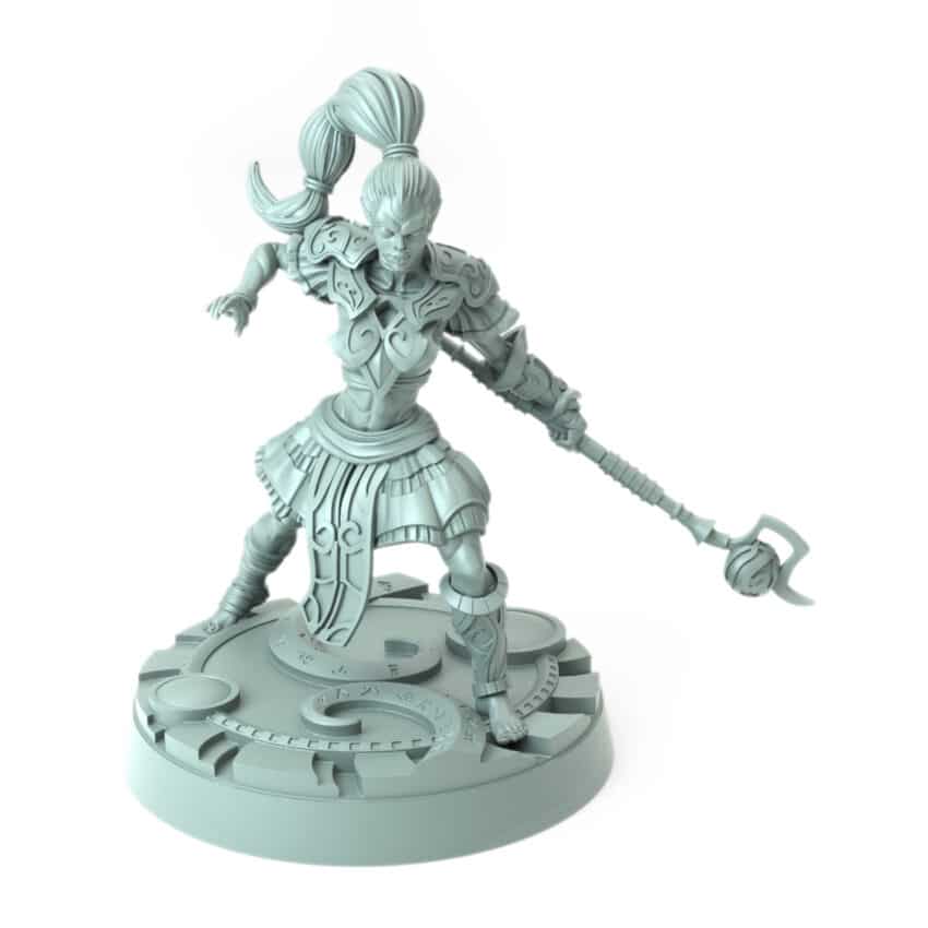 3D-printed fantasy Amazon warrior miniature Sparabar A with magical staff