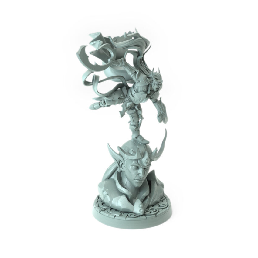 Highly detailed 3D-printed model of an elven warrior ambushing from ancient ruins.