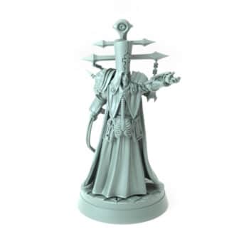 Archbishop Belphegor Cleanser A 3D-printed dark cleric figure with mechanical arm and skeletal details