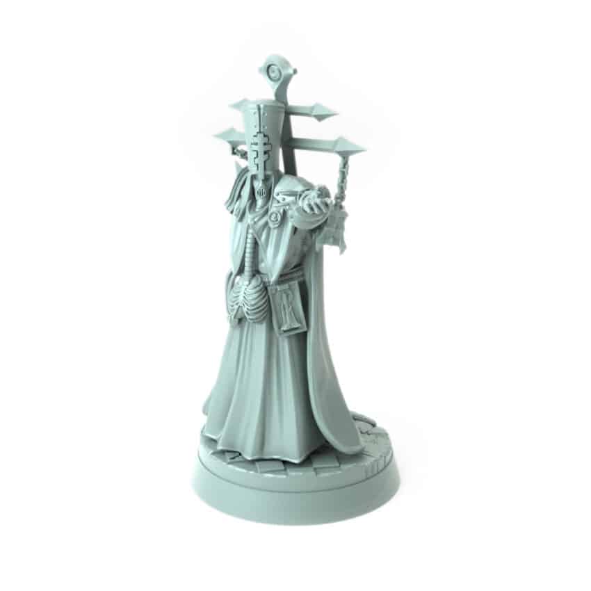 Archbishop Belphegor Cleanser A 3D-printed dark cleric figure with mechanical arm and skeletal details