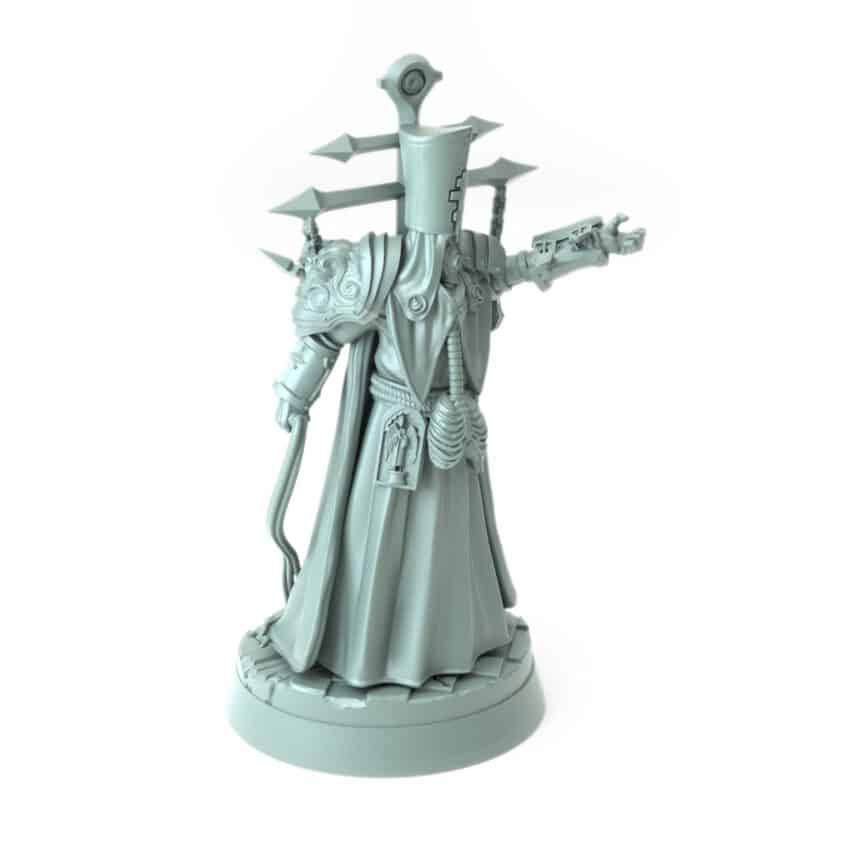 Archbishop Belphegor Cleanser A 3D-printed dark cleric figure with mechanical arm and skeletal details