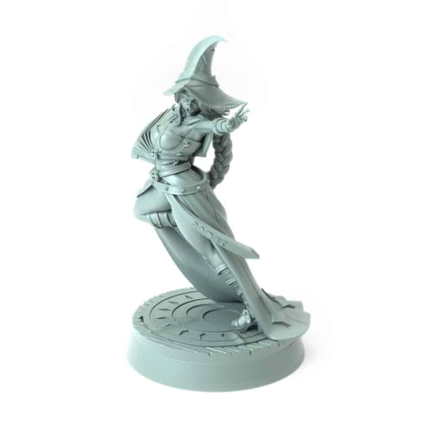 3D-printed wizard miniature Aurelia casting spell fantasy figure