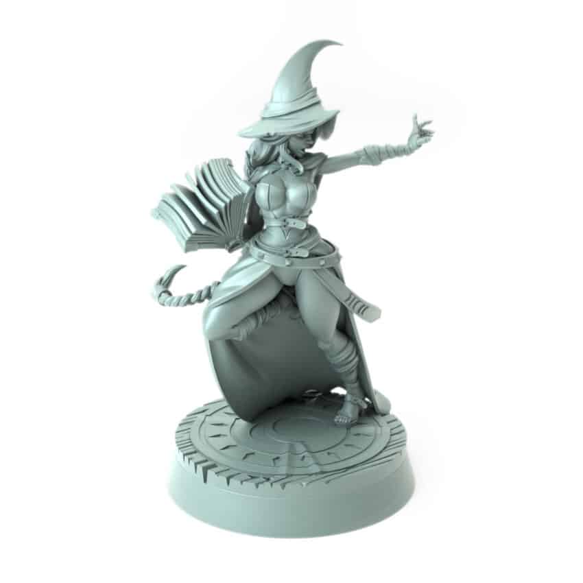 3D-printed wizard miniature Aurelia casting spell fantasy figure