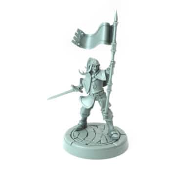 3D-printed miniature of a female city guard commander with a banner and sword for RPGs