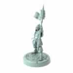 3D-printed miniature of a female city guard commander with a banner and sword for RPGs