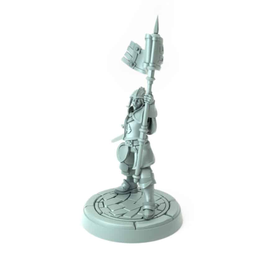 3D-printed miniature of a female city guard commander with a banner and sword for RPGs