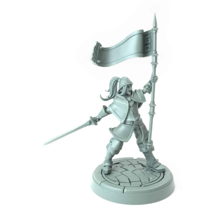 3D-printed miniature of a female city guard commander with a banner and sword for RPGs