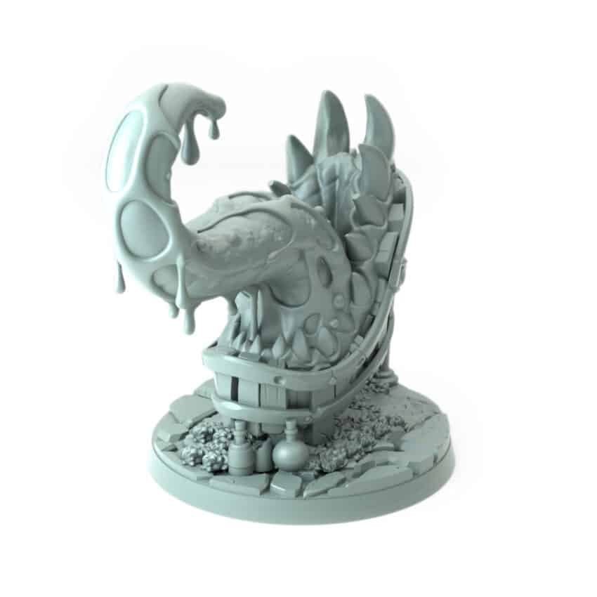 Bathtub Mimic 3D-printed fantasy miniature with sharp teeth and ambush design tabletop role-playing game