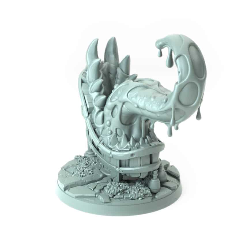 Bathtub Mimic 3D-printed fantasy miniature with sharp teeth and ambush design tabletop role-playing game