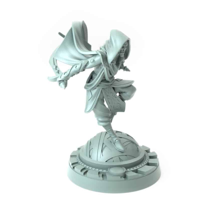 3D-printed Battle Dervish in dynamic action pose with flowing robes for RPG campaigns