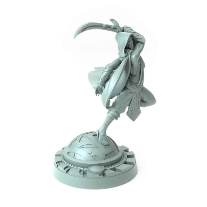 3D-printed Battle Dervish in action pose with curved blade and flowing robes