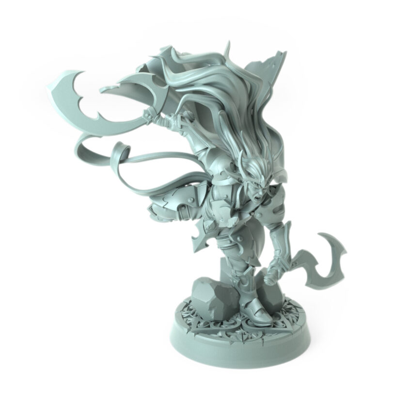 Highly detailed 3D-printed elven warrior mid-stride with twin blades perfect for dynamic role-playing battles.