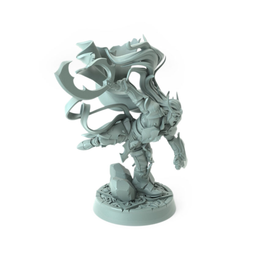 Highly detailed 3D-printed elven warrior mid-stride with twin blades perfect for dynamic role-playing battles.