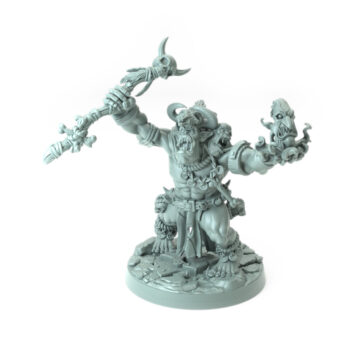 Iron Skull Orc Warlock raising staff and summoning dark magic large orc miniature for tabletop RPGs and wargames