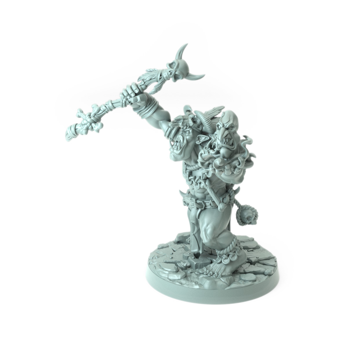 Iron Skull Orc Warlock raising staff and summoning dark magic large orc miniature for tabletop RPGs and wargames