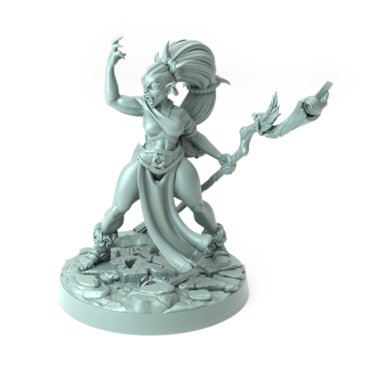 Iron Skull Orc Enchantress with staff casting a spell detailed orc miniature for tabletop RPG and wargames