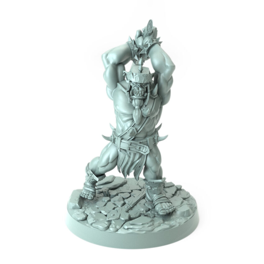 Body Choppers E orc warrior delivering an overhead strike large 3D-printed miniature for RPGs and wargaming