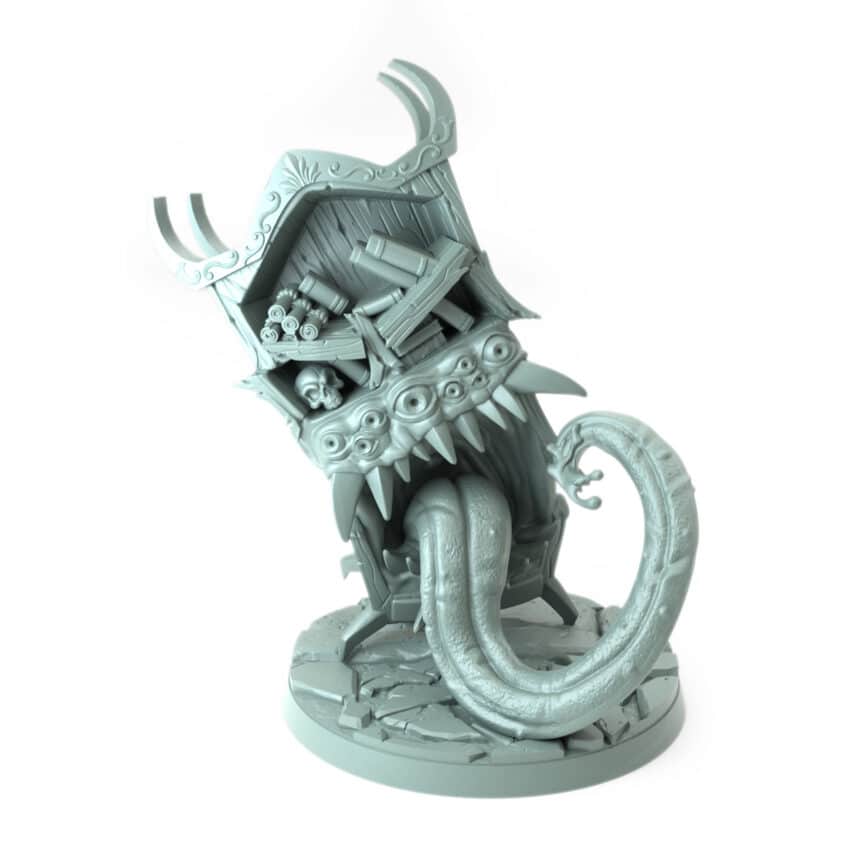 Book Shelf Mimic 3D-printed bookshelf monster miniature with tongue and teeth tabletop gaming