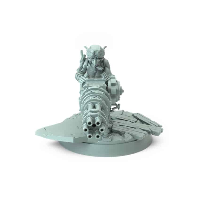 Brigadiers Pose B Grounded Minigun Barrage goblin fighter with ground-mounted minigun 3D printed miniature