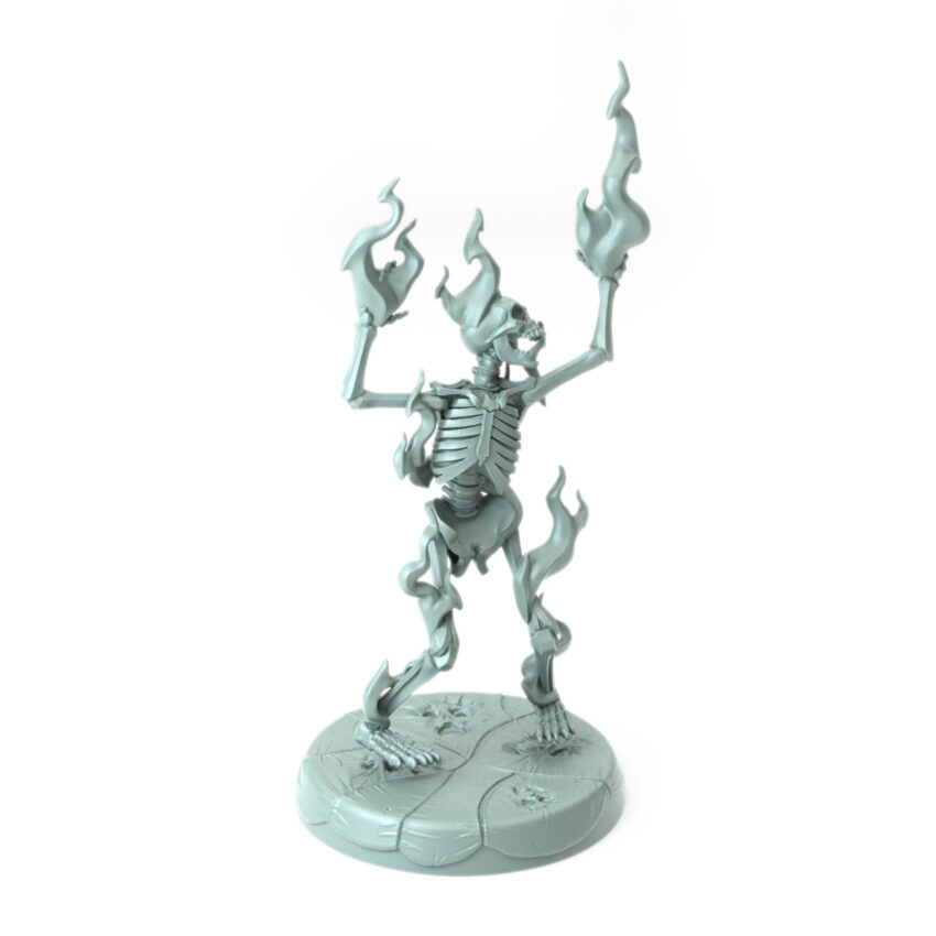 3D printed Burningman Skeleton engulfed in sculpted flames standing on a cracked and scorched base from the Halloween Season theme