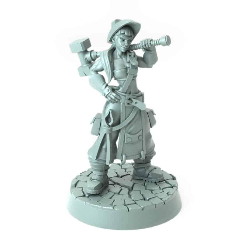 Female blacksmith miniature with hammer ready to forge 3D printed for tabletop role-playing