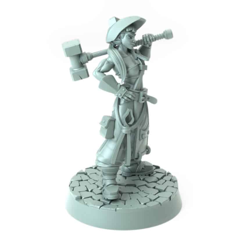 Female blacksmith miniature with hammer ready to forge 3D printed for tabletop role-playing