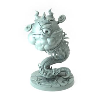 Cauldron Mimic 3D-printed cauldron monster with mechanical eyes and coiled body tabletop gaming