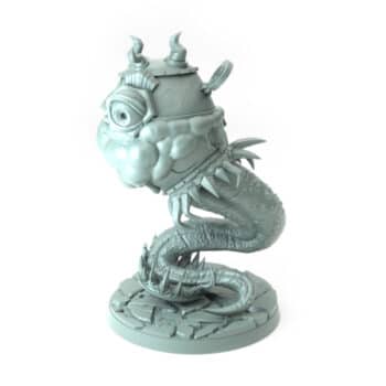 Cauldron Mimic 3D-printed cauldron monster with mechanical eyes and coiled body tabletop gaming