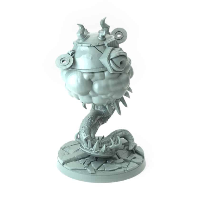 Cauldron Mimic 3D-printed cauldron monster with mechanical eyes and coiled body tabletop gaming