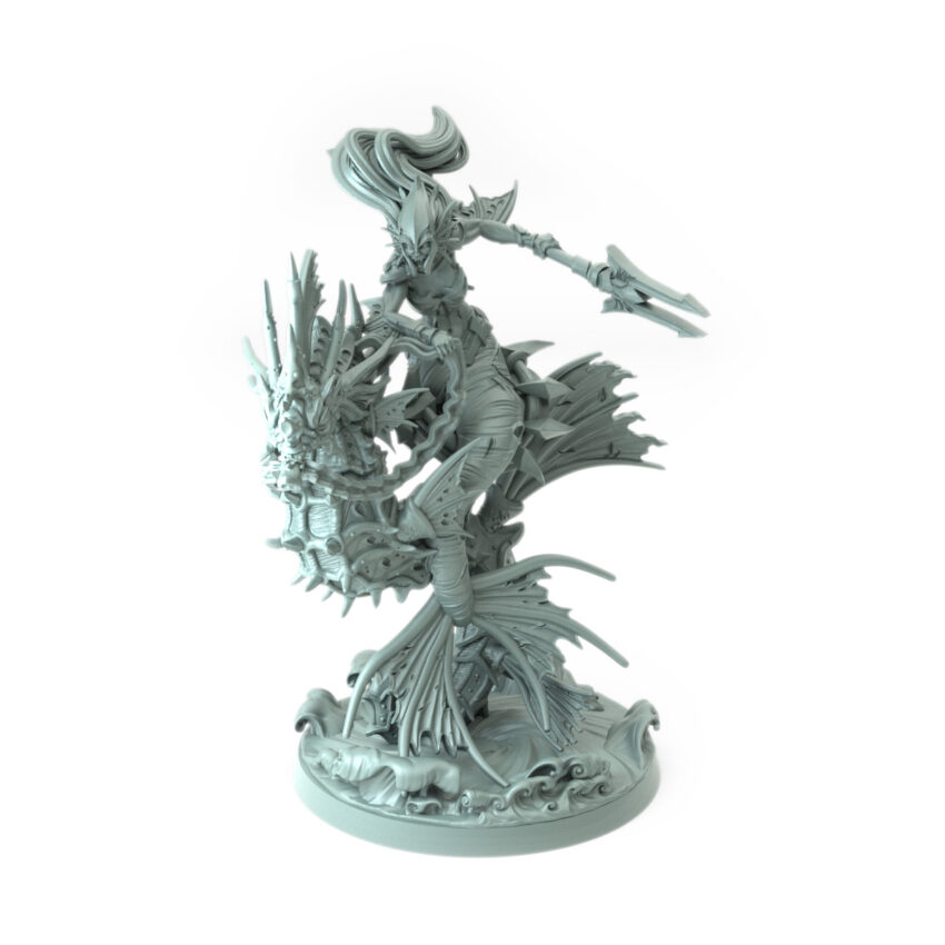 High-detail 3D-printed model of Deep Sea Valkyries B featuring a warrior riding a scaled sea serpent with dual blades.