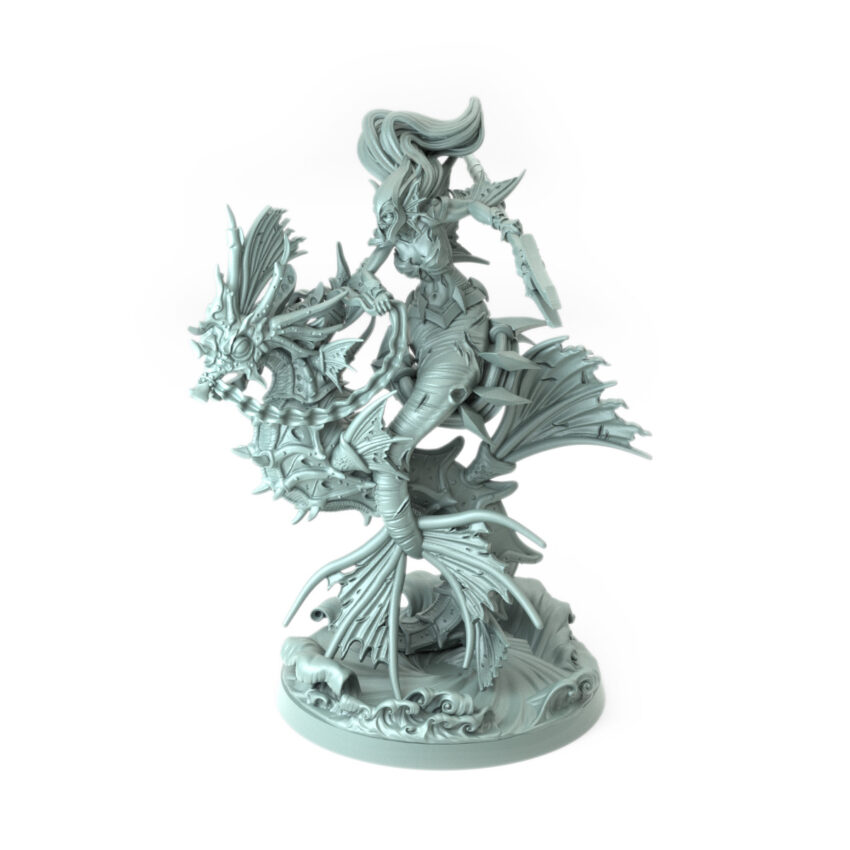 High-detail 3D-printed model of Deep Sea Valkyries B featuring a warrior riding a scaled sea serpent with dual blades.