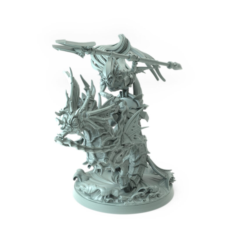 High-detail 3D-printed model of Deep Sea Valkyries C featuring a fierce warrior atop a battle-ready sea serpent.