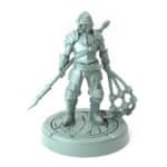 3D-printed miniature of a male city guard holding a spear and net for tabletop RPGs and wargames