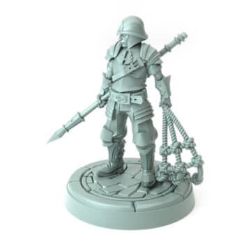 3D-printed miniature of a male city guard holding a spear and net for tabletop RPGs and wargames