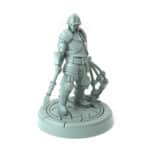 3D-printed miniature of a male city guard holding a spear and net for tabletop RPGs and wargames