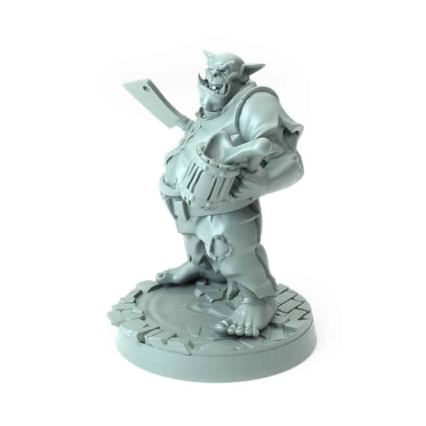 Orc tavern keeper miniature holding a cleaver and mug 3D printed for tabletop role-playing