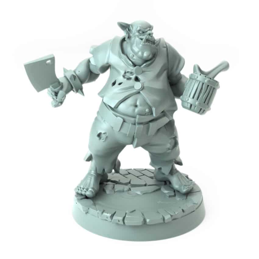 Orc tavern keeper miniature holding a cleaver and mug 3D printed for tabletop role-playing