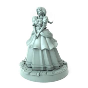 Noblewoman miniature in elegant gown clasping hands in contemplation 3D printed for tabletop role-playing