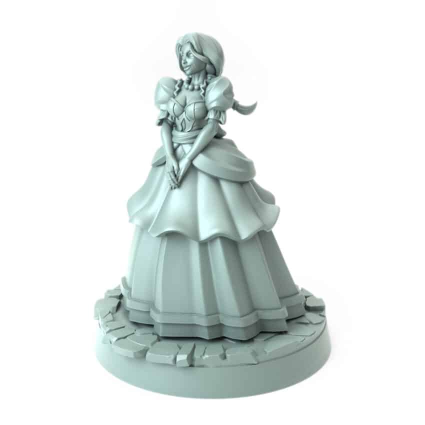 Noblewoman miniature in elegant gown clasping hands in contemplation 3D printed for tabletop role-playing