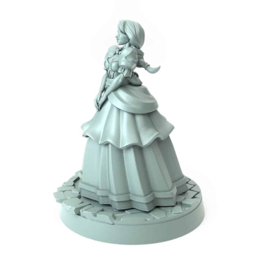 Noblewoman miniature in elegant gown clasping hands in contemplation 3D printed for tabletop role-playing