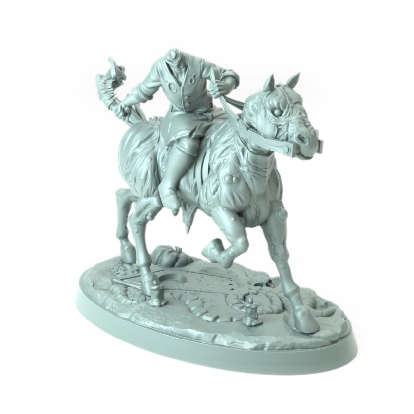 Dullahan Headless Riders B 3D-printed headless rider with axe and spectral steed for dark fantasy and Halloween tabletop RPGs