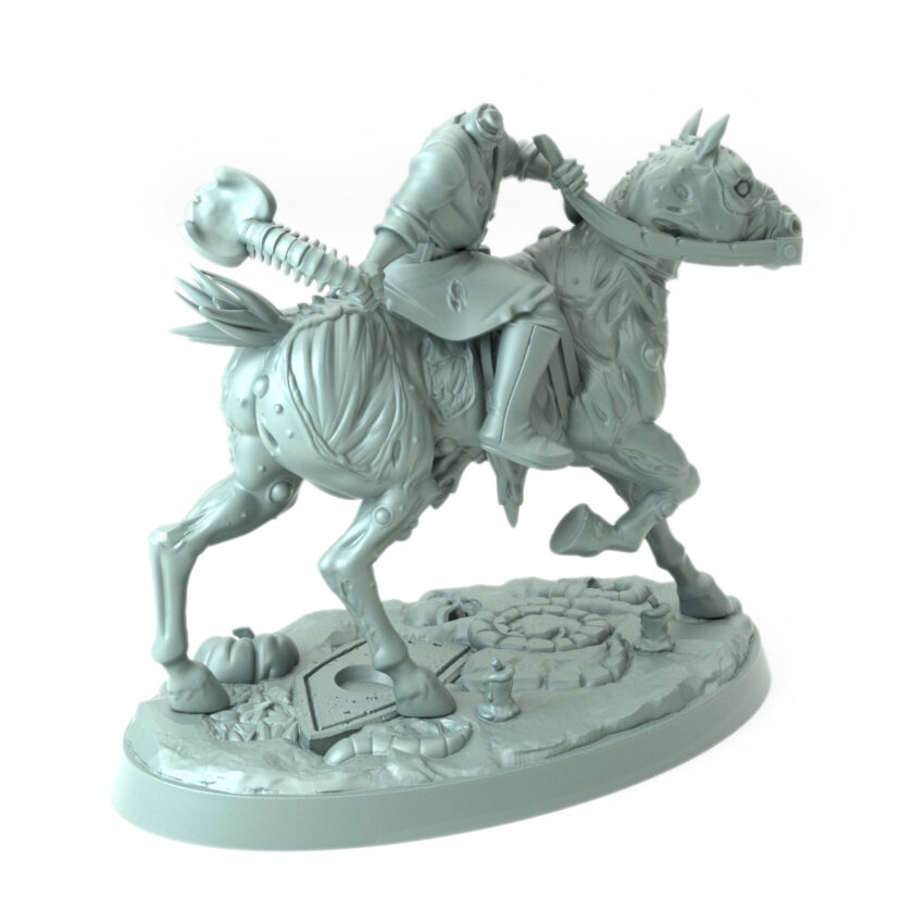 Dullahan Headless Riders B 3D-printed headless rider with axe and spectral steed for dark fantasy and Halloween tabletop RPGs