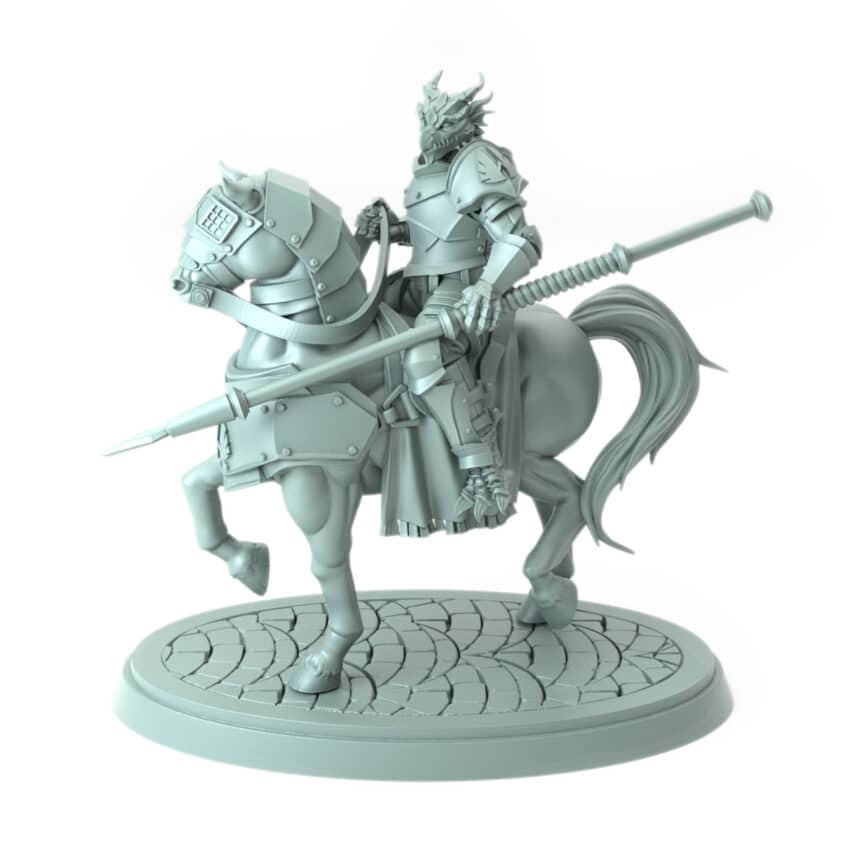 3D-printed miniature of a male city guard riding a warhorse for tabletop RPGs and wargames