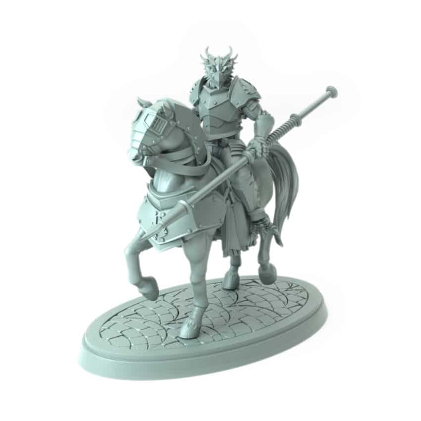 3D-printed miniature of a male city guard riding a warhorse for tabletop RPGs and wargames