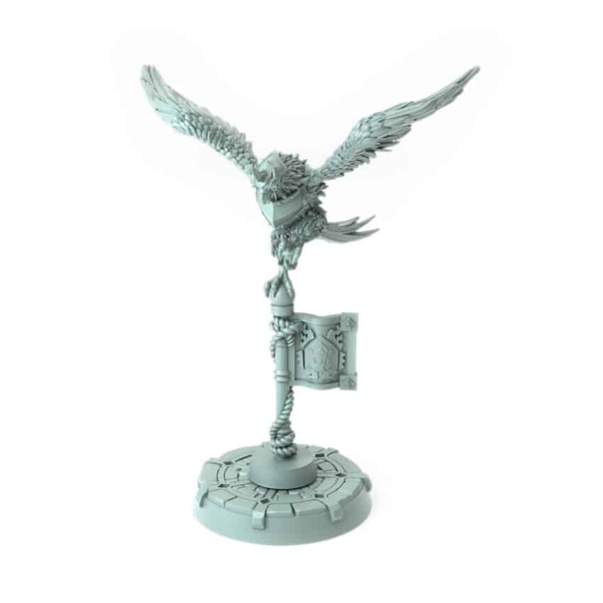 3D-printed model of a majestic eagle descending with a banner for tabletop RPGs and wargames