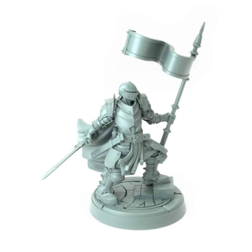 3D-printed knight miniature holding a banner and sword for tabletop RPGs and wargames