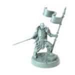 3D-printed knight miniature holding a banner and sword for tabletop RPGs and wargames