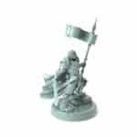 3D-printed knight miniature holding a banner and sword for tabletop RPGs and wargames