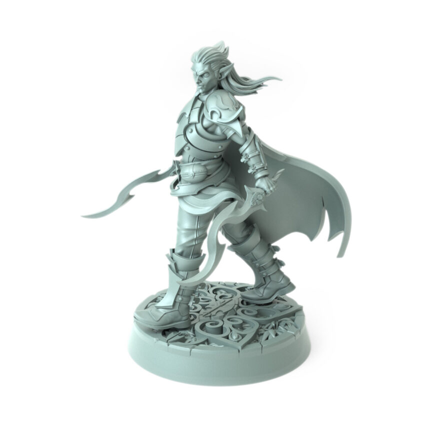 Highly detailed 3D-printed elven protector with dual blades and intricate armor perfect for dynamic role-playing adventures.