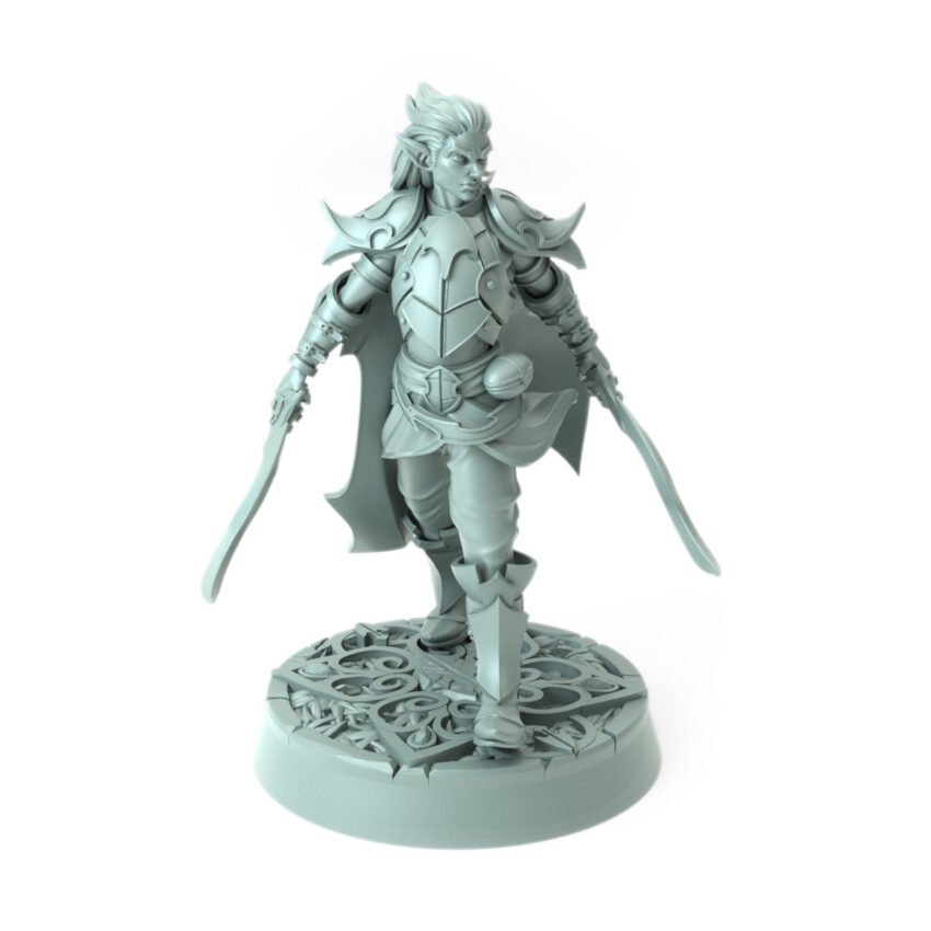 Highly detailed 3D-printed elven protector with dual blades and intricate armor perfect for dynamic role-playing adventures.